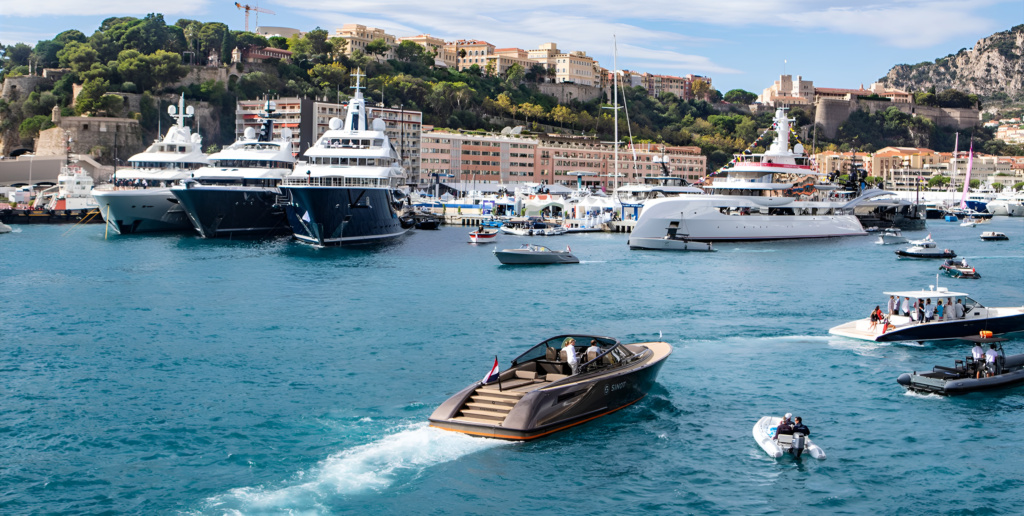 Superyachts moored at Port Hercule during Monaco Yacht Show