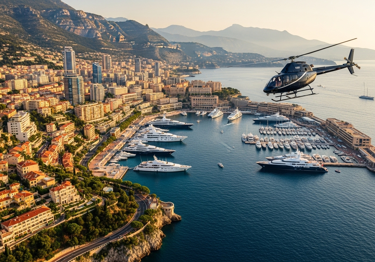 Helicopter arriving over the Monaco harbour and superyachts